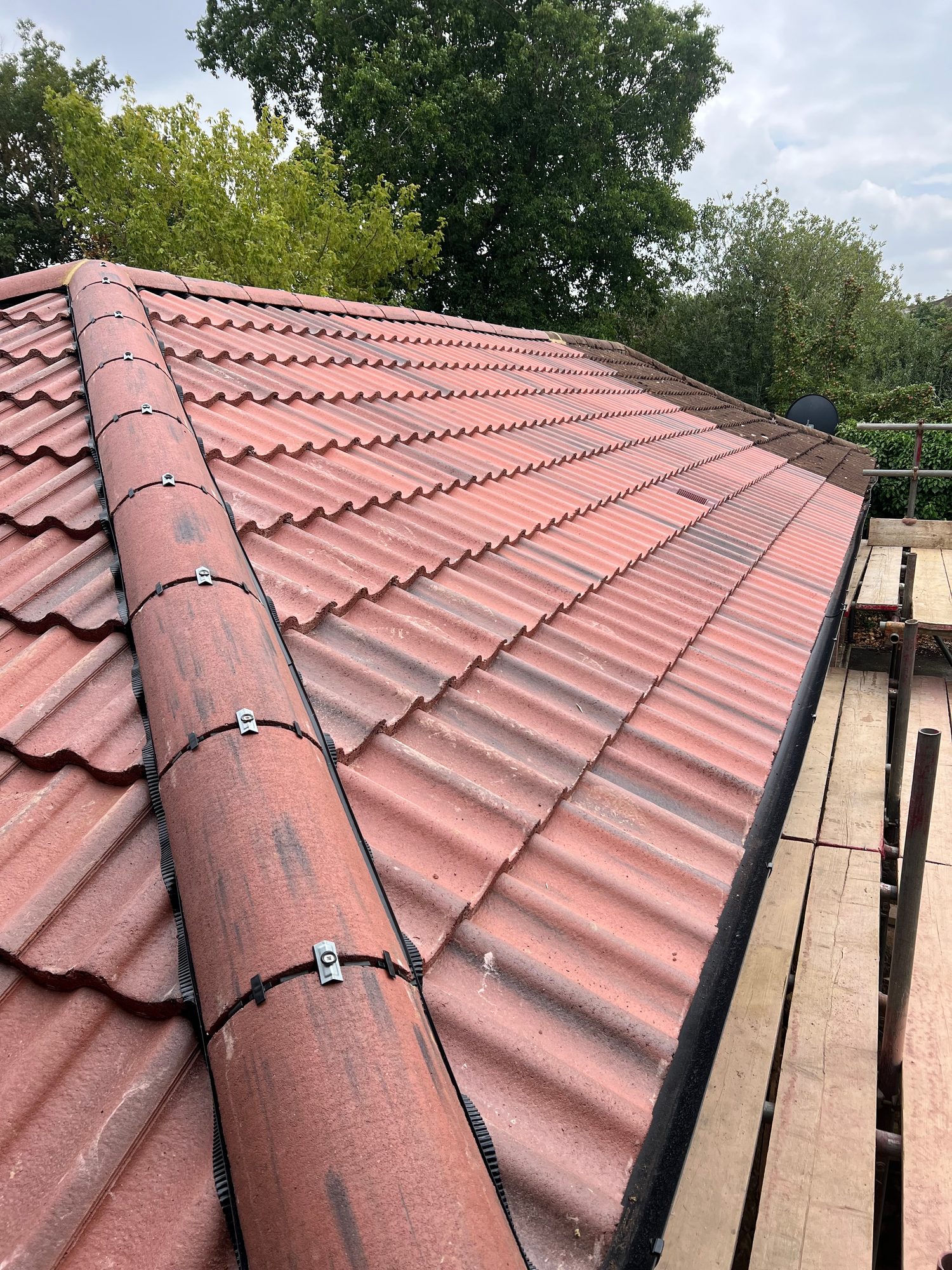 Close view of the completed red tiled roof showing rows of roof tiles and securely fixed ridge tiles with black ridge detailing, with scaffolding and trees visible in the background