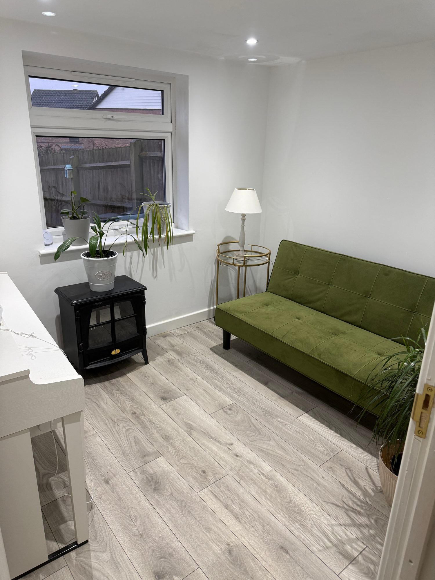 Finished interior room with light wood-effect flooring, white walls and ceiling, recessed spotlights, a window with potted plants, and a green sofa with side tables