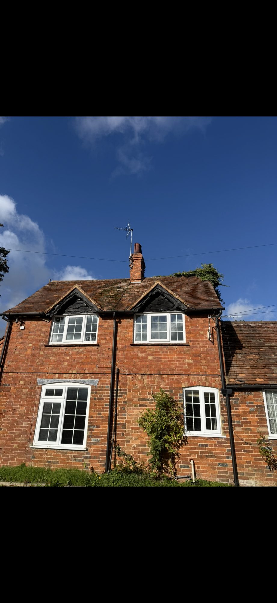 Main house with ageing roof tiles, vegetation near the ridge and two projecting window gables