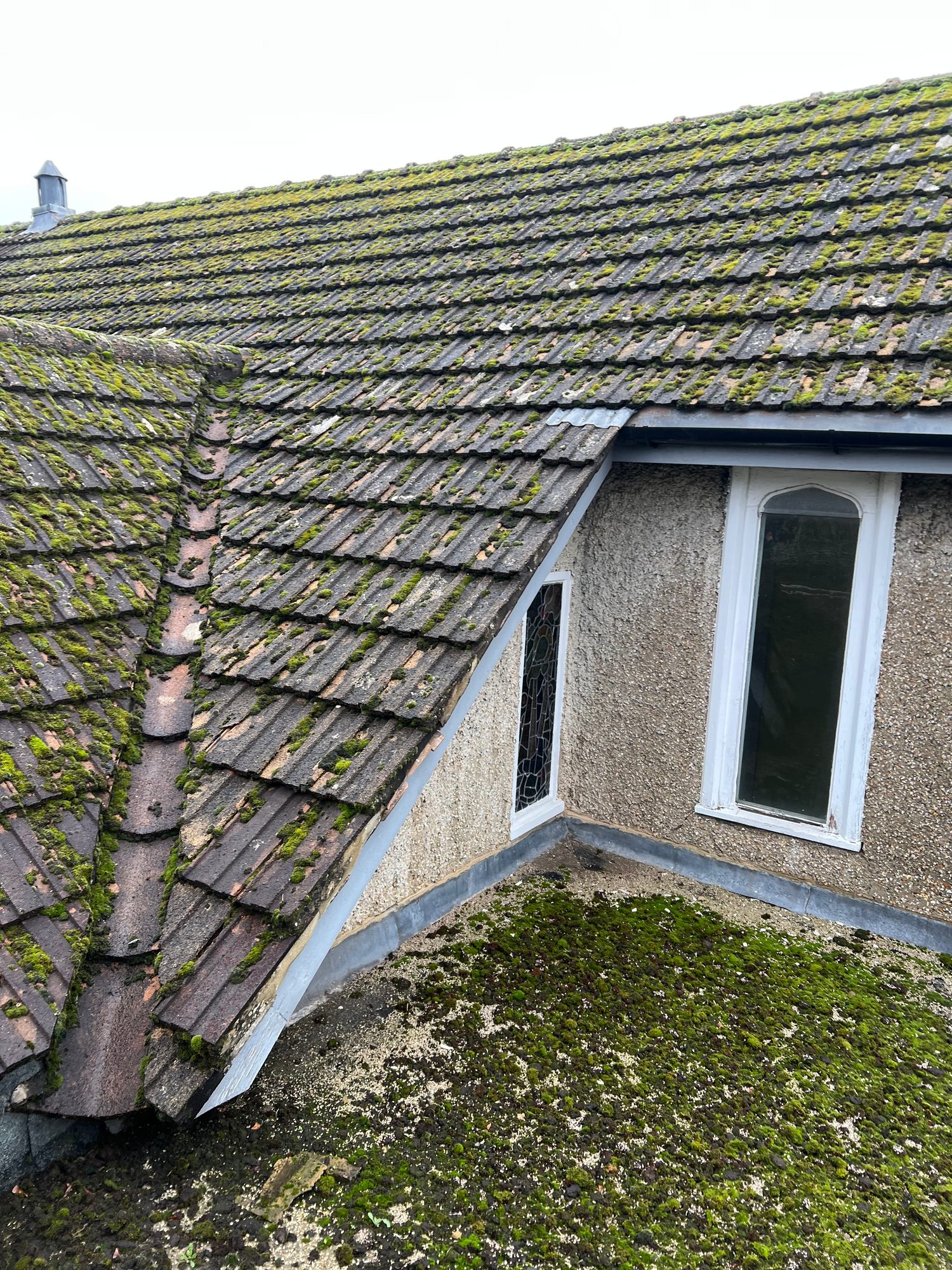 Roof junction showing heavily moss-covered tiles, roof valleys, leadwork and adjacent rendered wall with windows