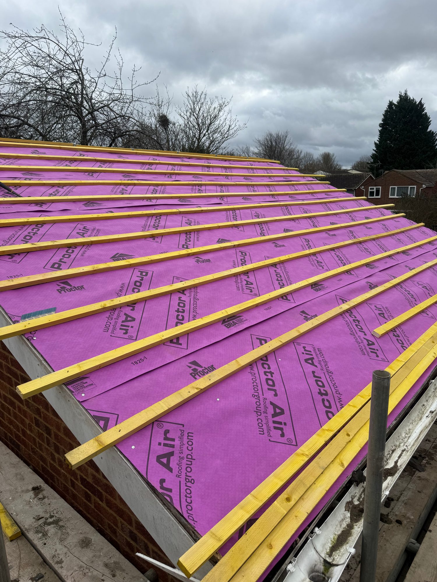 Roof underlay and timber battens installed ready for tiling