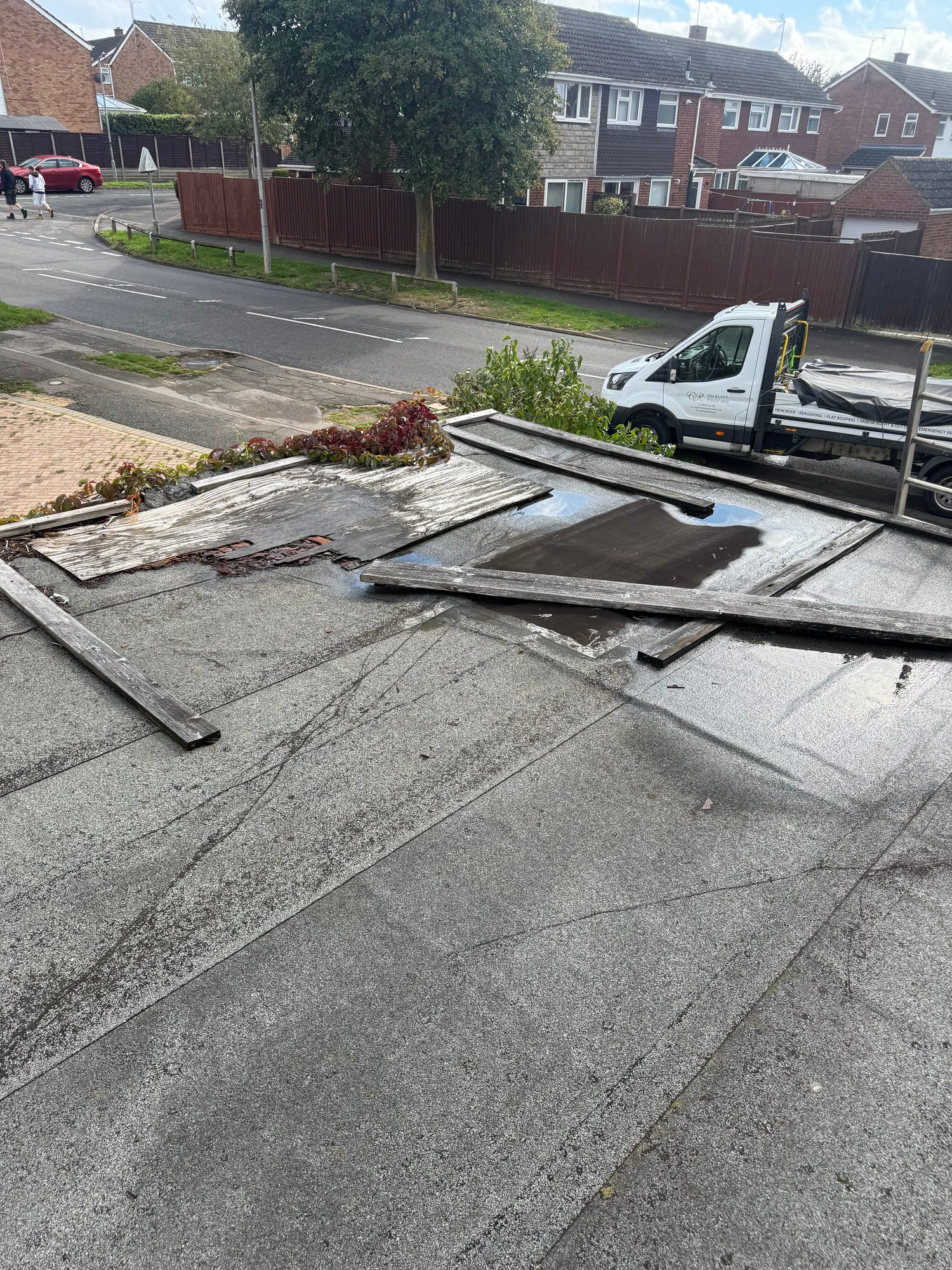View across a flat roof showing weathered roofing felt with exposed and damaged timber edging, areas of standing water and vegetation along the roof perimeter